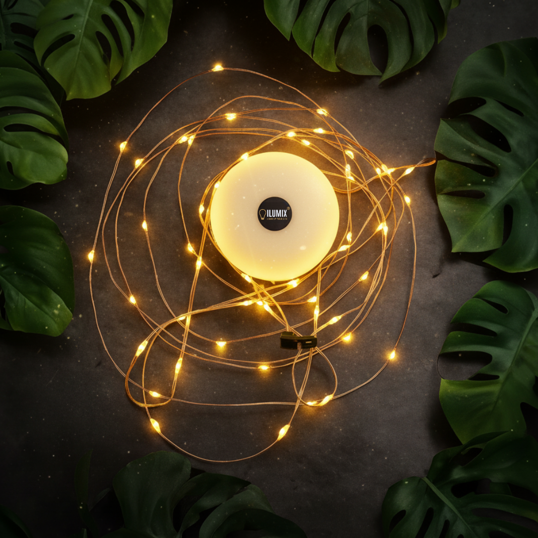 FlexiGlow LED-Lichterkette von ILUMIX – 10 Meter kabellos und wetterfest für Camping, Balkon und Garten