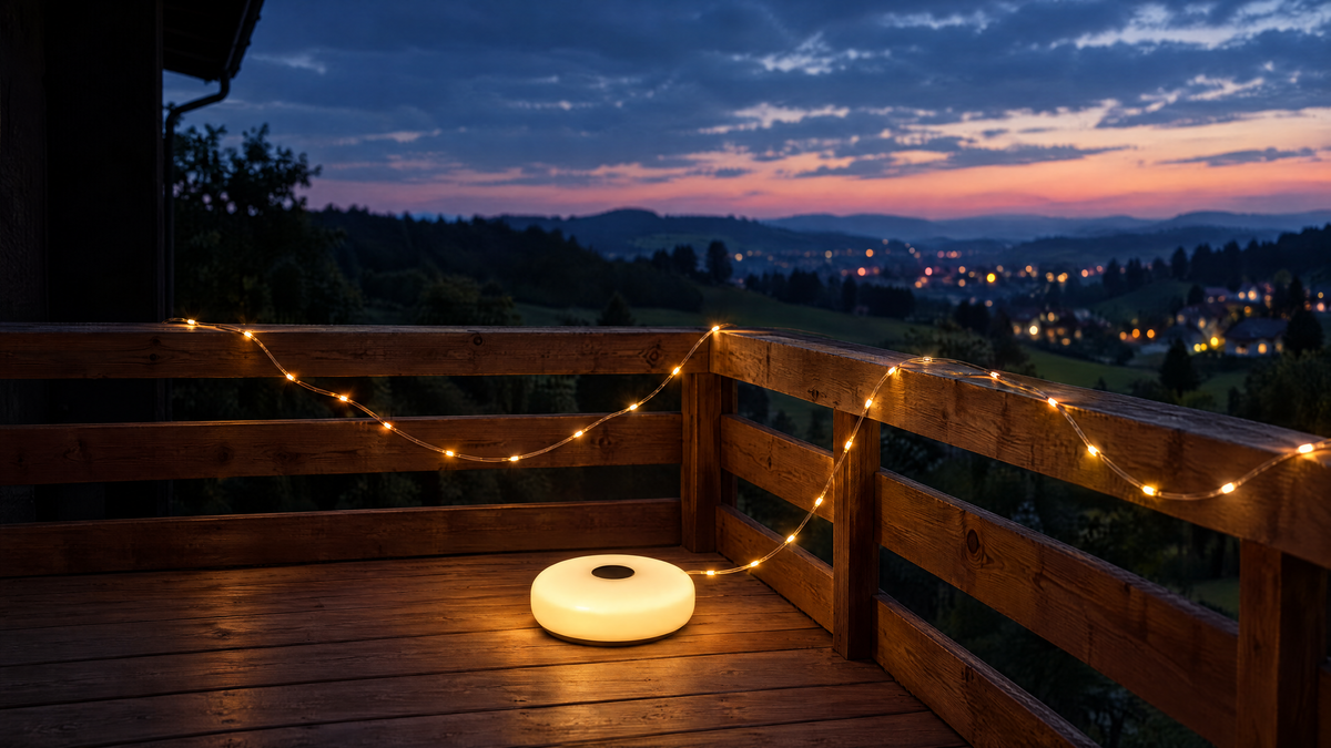 FlexiGlow LED-Lichterkette am Balkongeländer am Abend