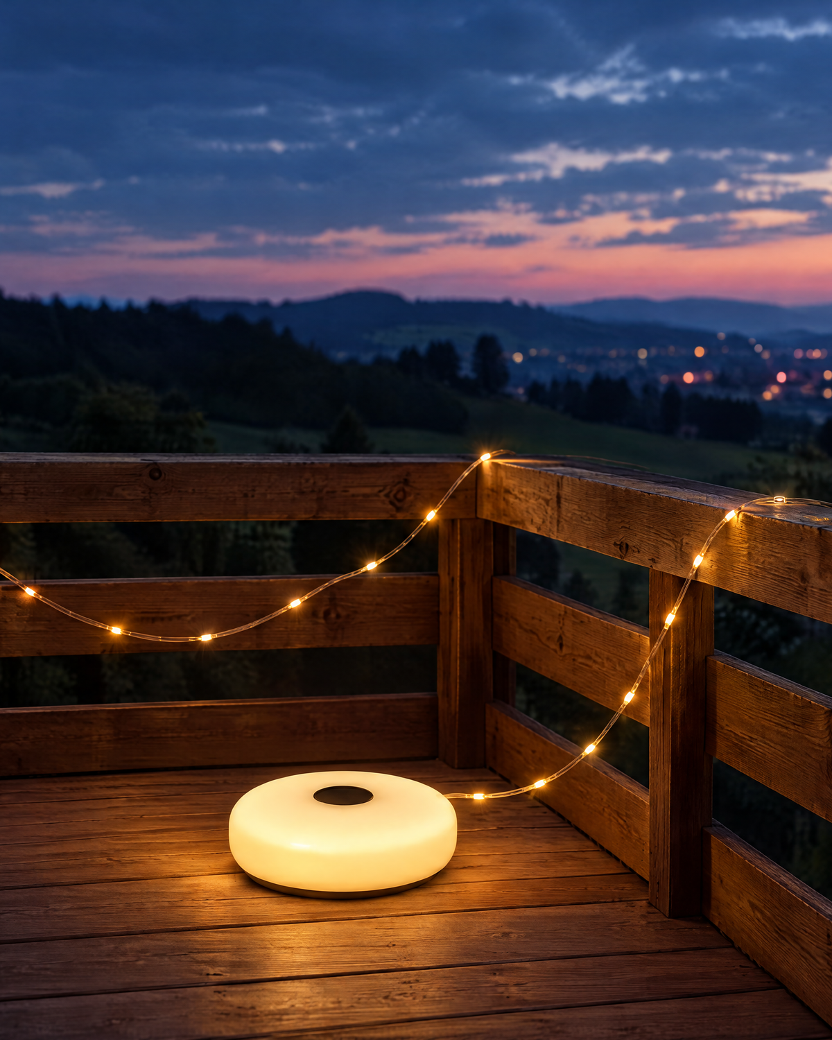 FlexiGlow LED-Lichterkette am Balkongeländer am Abend